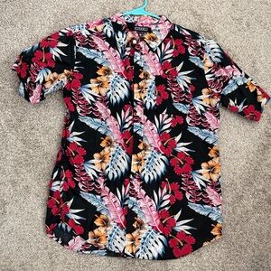 Ezekiel Black Floral Leaf Print Shirt with Pink and Orange Accents